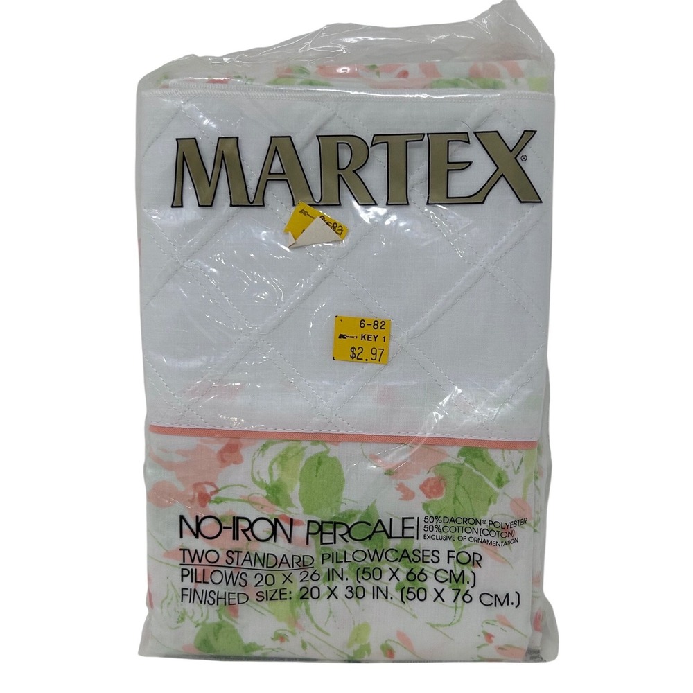 Vintage Martex Floral Pillowcase Set 2pk Percale Pink Green White 80s Cottage